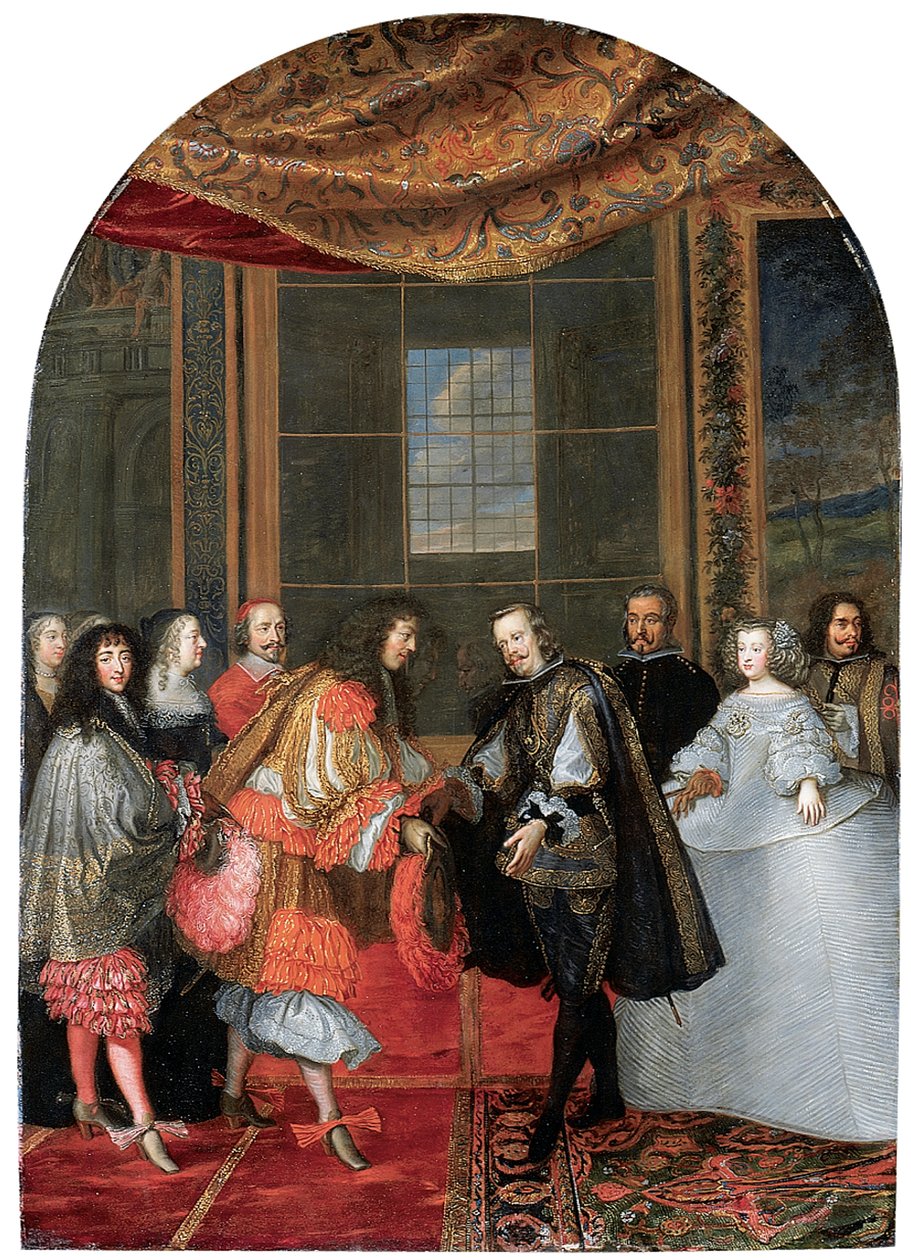 اللقاء بين الملوك فيليب الرابع ولويس الرابع عشر في جزيرة فيزانت (زيت على النحاس) بواسطة Adam Frans van der Meulen