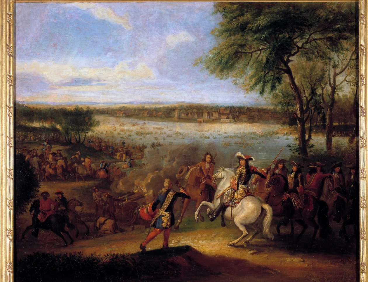 The Passage of the Rhine by Louis XIV (1638-1715) before Tolhuis 12/07/1672 Painting by Adam Frans Van der Meulen (1632-1690) Sun. 0,6x0,7 m بواسطة Adam Frans van der Meulen