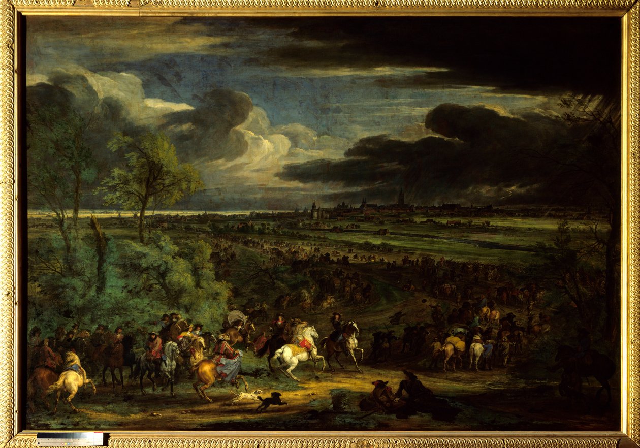 حرب التفويض (1667-1668): "" منظر لمسيرة جيش الملك لويس الرابع عشر في كورترايك في 18 يوليو 1667 "" يمكن للمرء أن يرى مارشال أومونت (أنطوان ديومون دي روشبارون بواسطة Adam Frans van der Meulen