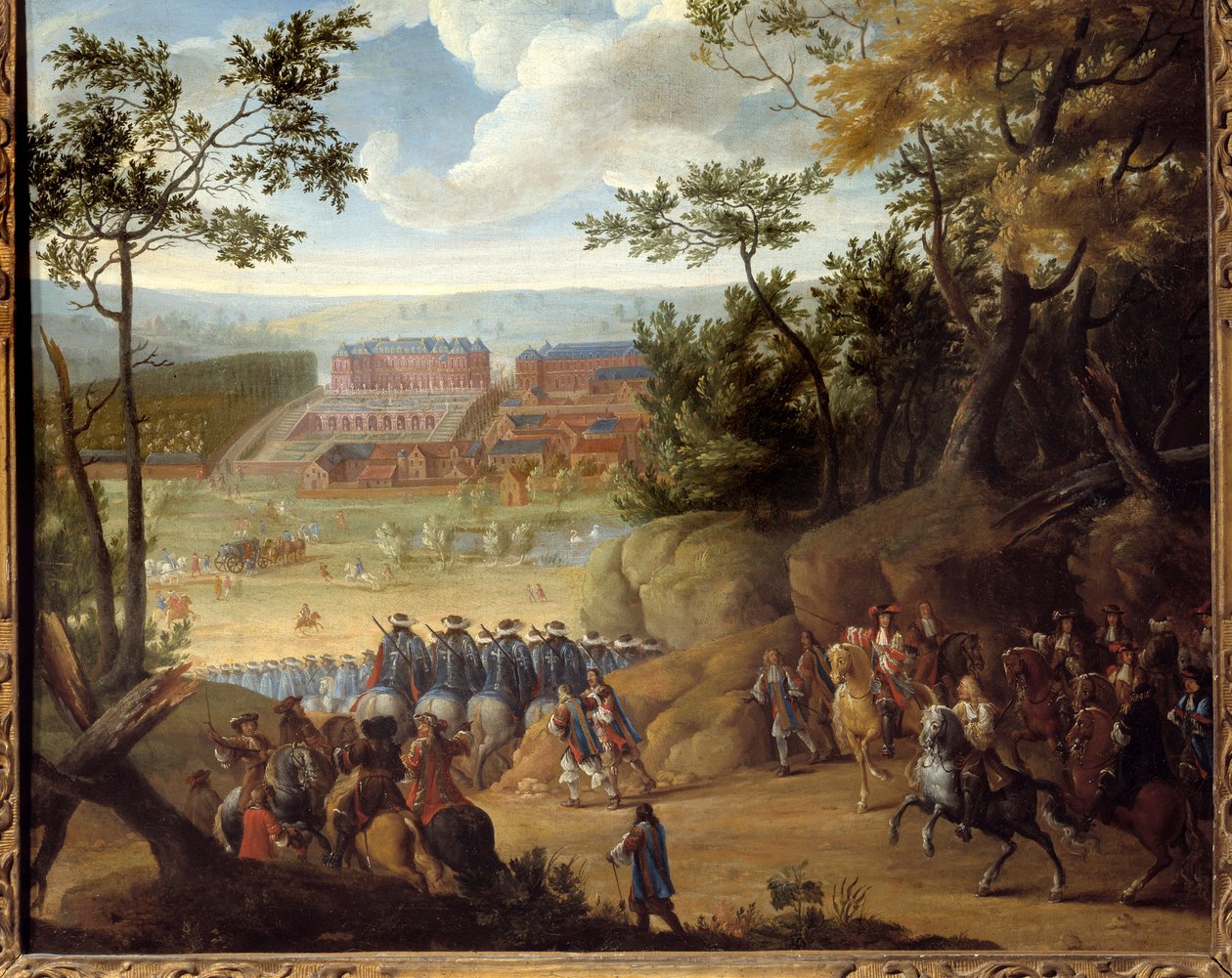 منظر لفرساي عام 1664 مع ملك فرنسا لويس الرابع عشر (1638-1715) وشركة الفرسان. لوحة لأدامز فرانس فان دير ميولين (1632-1690) بواسطة Adam Frans van der Meulen
