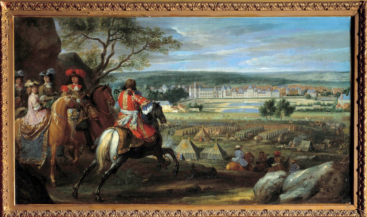 View of the castle of Fontainebleau in 1669, with Louis XIV (1638-1715) and Marie Therese of Austria (1638-1683) Painting by Adam Frans van der Meulen (1632-1690) 1669 Sun. 0,53x0,95 m. بواسطة Adam Frans van der Meulen