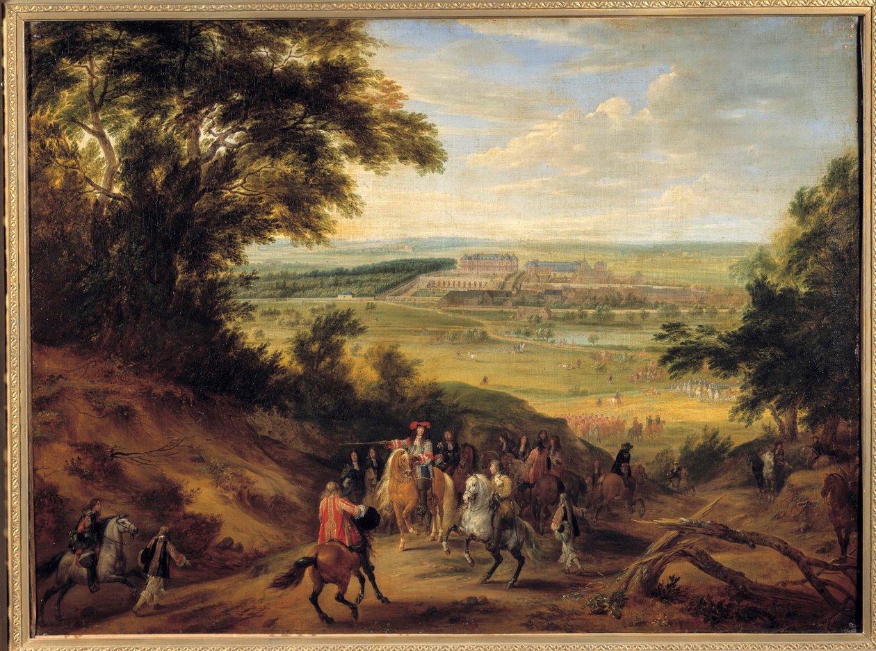 View of the castle of Versailles, taken from the heights of Satory Louis XIV (1638-1715) giving his orders to the officer of the hunts, in view of the castle of Versailles, on the heights of Satory. Painting by Adam Frans van der Meulen (1632-1690). 1664 S بواسطة Adam Frans van der Meulen