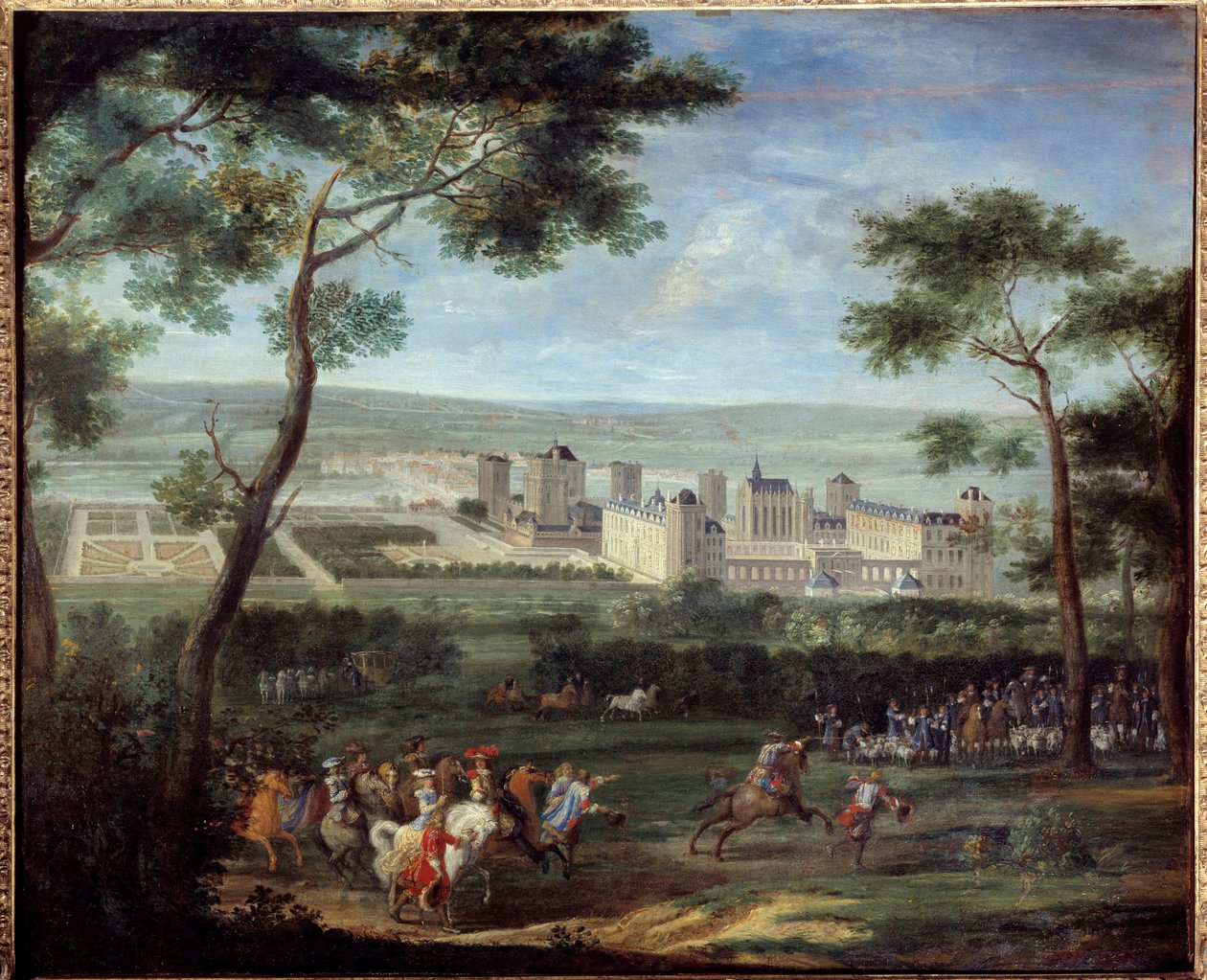 منظر لقلعة فينسين حوالي 1660: ملك فرنسا لويس الرابع عشر (1638-1715) وماري تيريز من النمسا (1638-1683) في المقدمة لوحة لآدم فان دير ميولين (1632-1690) 1660 ديم. 1،10 × 1،35 م باريس ، متحف كارنافالي بواسطة Adam Frans van der Meulen