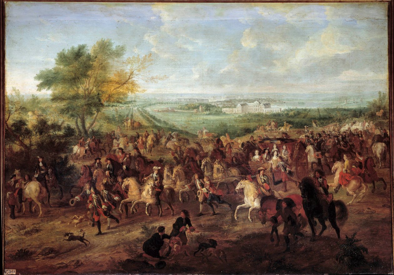 المشي بعربة الملك لويس الرابع عشر (1638-1715) ، الملكة ماري تيريز من النمسا ، دوفين لويس ودوفين أمام قلعة كلاني في فرساي لوحة لآدم فان دير ميولين (1632-1690) حوالي 1680 شمس. 1،4x1،9 بواسطة Adam Frans van der Meulen