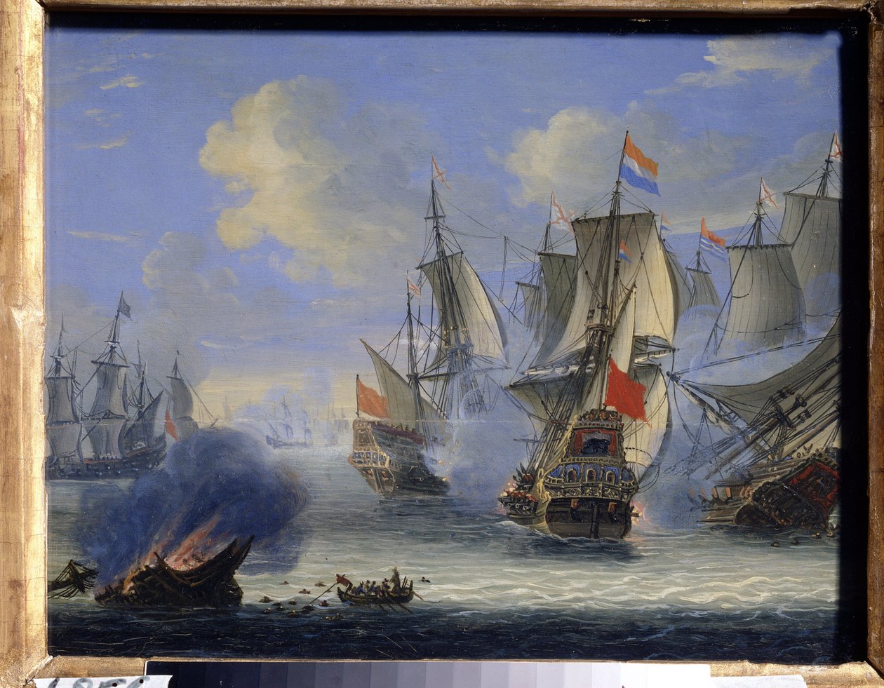 معركة بحرية (معركة بحرية). لوحة لآدم سيلو (1674-1757). زيت على قماش ، ٢٥ × ٣٣.٥ سم. الفن الهولندي ، الفن الباروكي. متحف الدولة للفنون ، تولا (أو تولان). بواسطة آدم سيلو