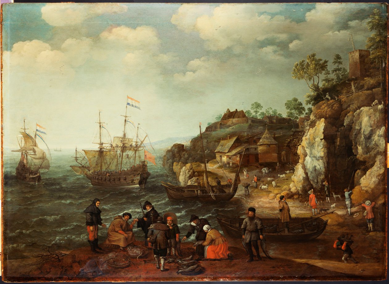 مشهد ساحلي مع الصيادين والصيادين على الشاطئ ، 1626 بواسطة آدم ويليرتس