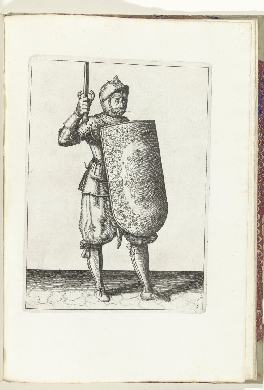 التمرين مع التارج والسيف: يمسك الجندي السيف المرسومة بما لا يزيد عن وجهه (رقم 5) ، 1618 Nassausche Wapen-Handelinge ، Van Schilt ، Spies ، Rappier Ende Targe: يصور بواسطة الشكل ، ويظهر بعد الترتيب الجديد [لـ] بواسطة آدم فان برين