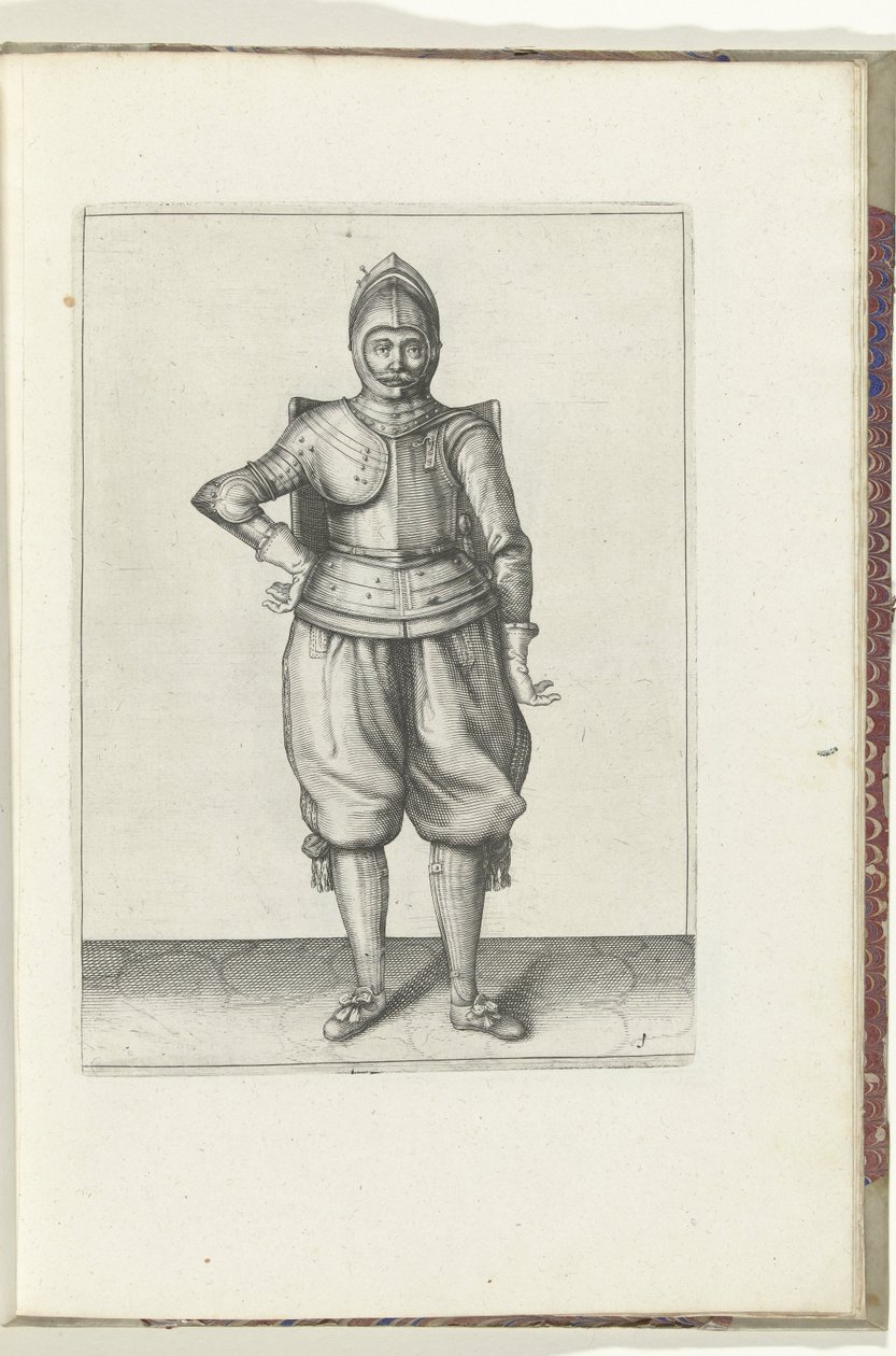 التمرين مع تارج وسيف: الجندي في حالة راحة مع القميص على ظهره (رقم 1) ، 1618 The Nassausche Wapen-Handelinge، van Schilt، Spies، Rappier Ende Targe: يصور بالشكل ، ويظهر بعد الترتيب الجديد [لـ] (...) موريتس فان ناسا بواسطة آدم فان برين