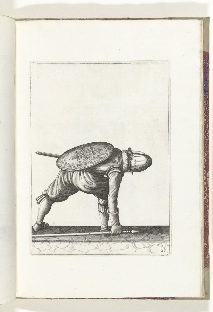 التمرين بالدرع والرمح: الجندي ينحني ليلتقط الرمح (رقم 28) ، 1618 The Nassausche Wapen-Handelinge، van Schilt، Spies، Rappier ende Targe: يصور بالشكل ، ويظهر بعد الترتيب الجديد [لـ] (...) موريتس فان ناسو (ر بواسطة آدم فان برين