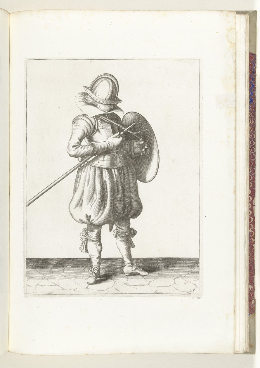 التمرين بالدرع والسبايك: الجندي يحمل سبايك ودرع بالقرب من الجسد (رقم 15) ، 1618 The Nassausche Wapen-Handelinge، van Schilt، Spies، Rappier Ende Targe: يصور بالشكل ، وقد تم تعيينه بعد النظام الجديد [لـ] (...) موريشيوس بواسطة آدم فان برين
