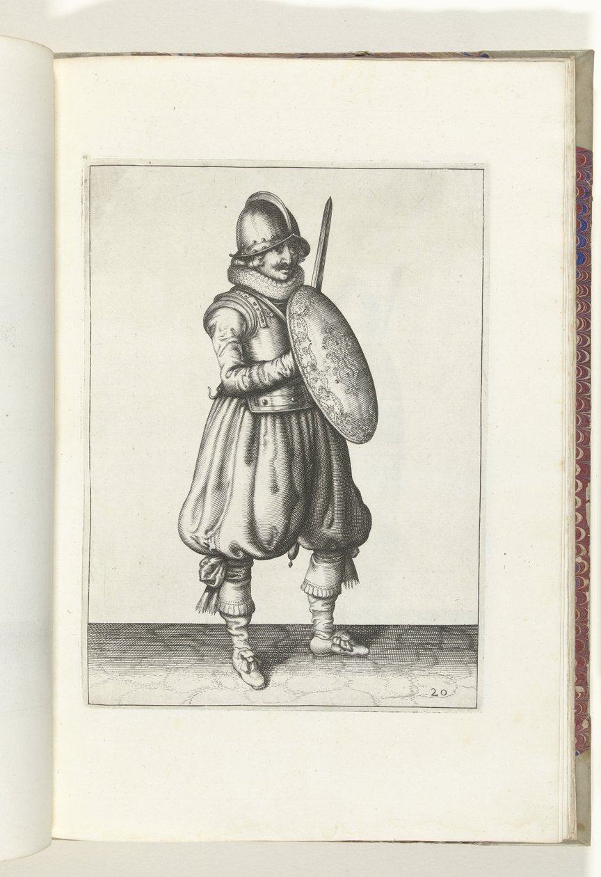 التمرين بالدرع والرمح: الجندي يقف مع سيفه ودرعه أمام صدره (رقم 20) ، 1618 De Nassausche Wapen-Handelinge ، Van Schilt ، Spies ، Rappier Ende Targe: صورتها Beyde Figuerlick ، ende بعد الترتيب الجديد [من] (. بواسطة آدم فان برين