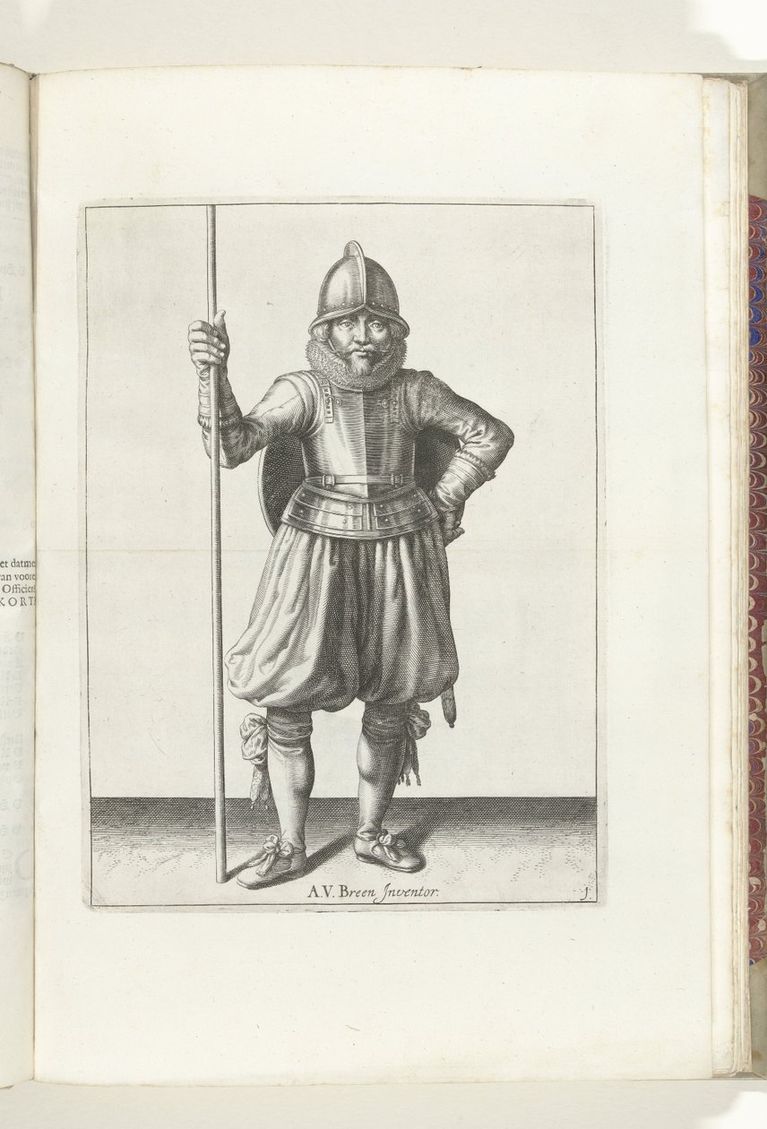 التمرين بالدرع والرمح: الجندي مستريح والرمح بيده والدرع على ظهره (رقم 1) ، 1618 Nassausche Wapen-Handelinge ، Van Schilt ، Spies ، Rappier Ende Targe: يصور بواسطة الشكل ، ويتم تعيينه بعد النظام الجديد [من] ( بواسطة آدم فان برين
