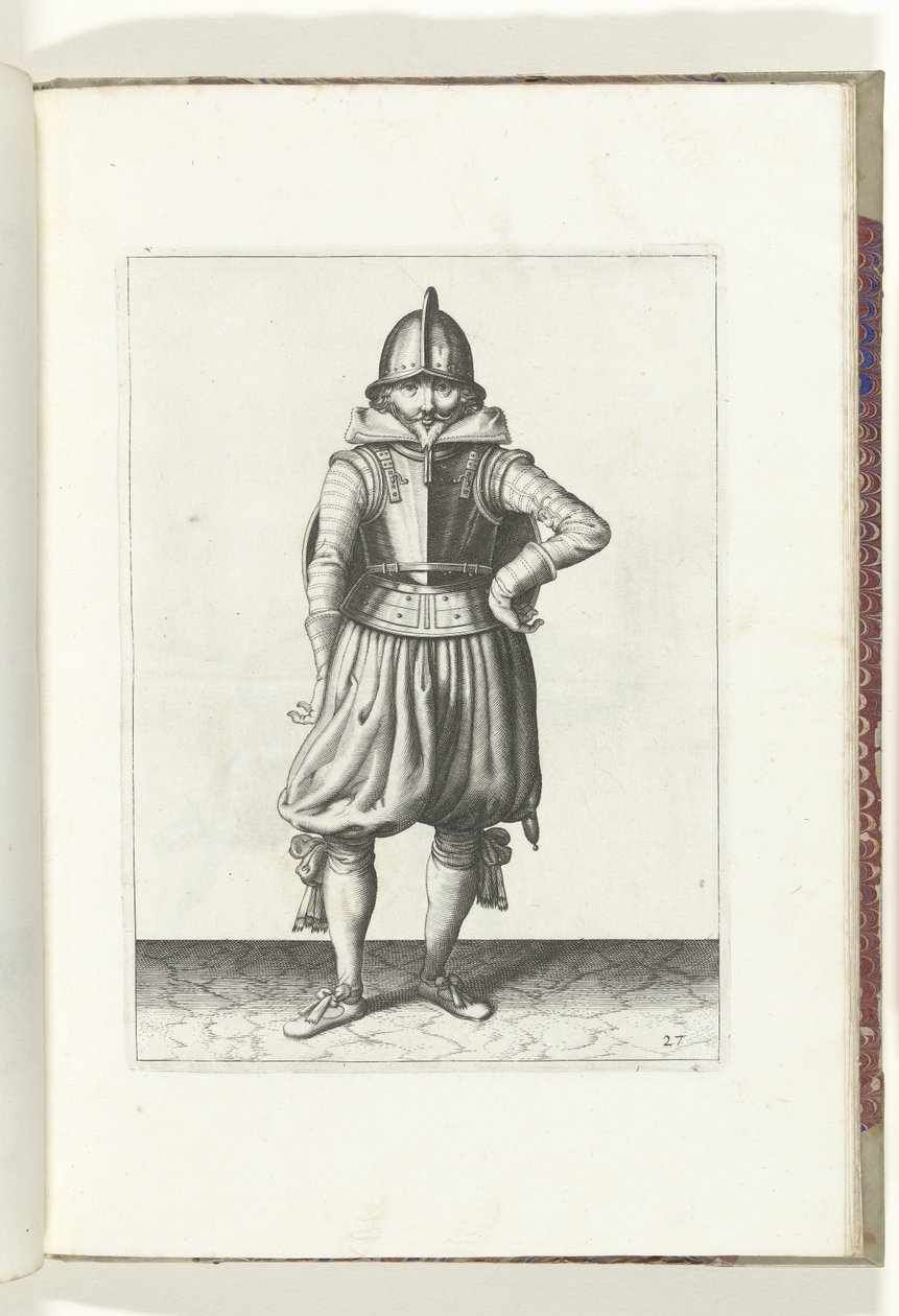 التمرين بالدرع والرمح: الجندي يقف مستريحًا والدرع على ظهره (رقم 27) ، 1618 The Nassausche Wapen-Handelinge، van Schilt، Spies، Rappier ende Targe: يصور بالشكل ، ويظهر بعد الترتيب الجديد [لـ] (...) Maurits v بواسطة آدم فان برين