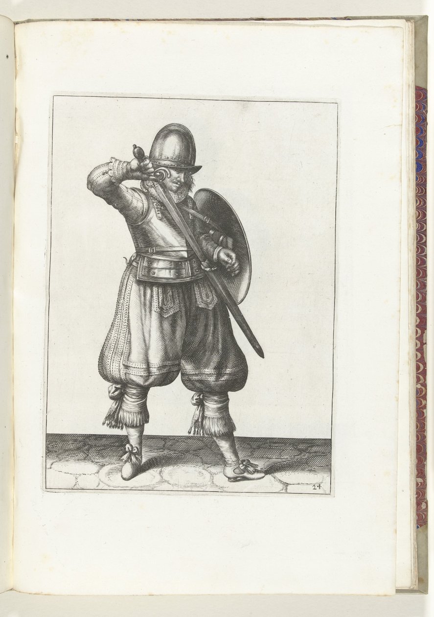 التمرين بالدرع والرمح: الجندي يغلف سيفه (رقم 24) ، 1618 The Nassausche Wapen-Handelinge، van Schilt، Spies، Rappier Ende Targe: يصور بالشكل ، ويظهر بعد الترتيب الجديد [لـ] (...) موريتس فان بواسطة آدم فان برين