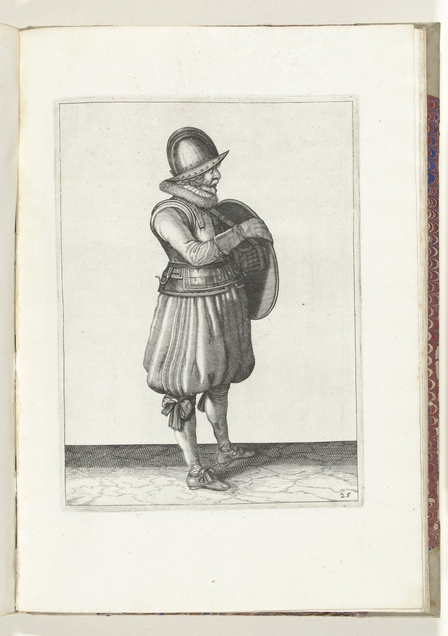 التمرين بالدرع والرمح: سحب الجندي ذراعه من حزام الدرع (رقم 25) ، 1618 The Nassausche Wapen-Handelinge، van Schilt، Spies، Rappier Ende Targe: يصور بالشكل ، ويتم تعيينه بعد الترتيب الجديد [لـ] (...) موريتس بواسطة آدم فان برين