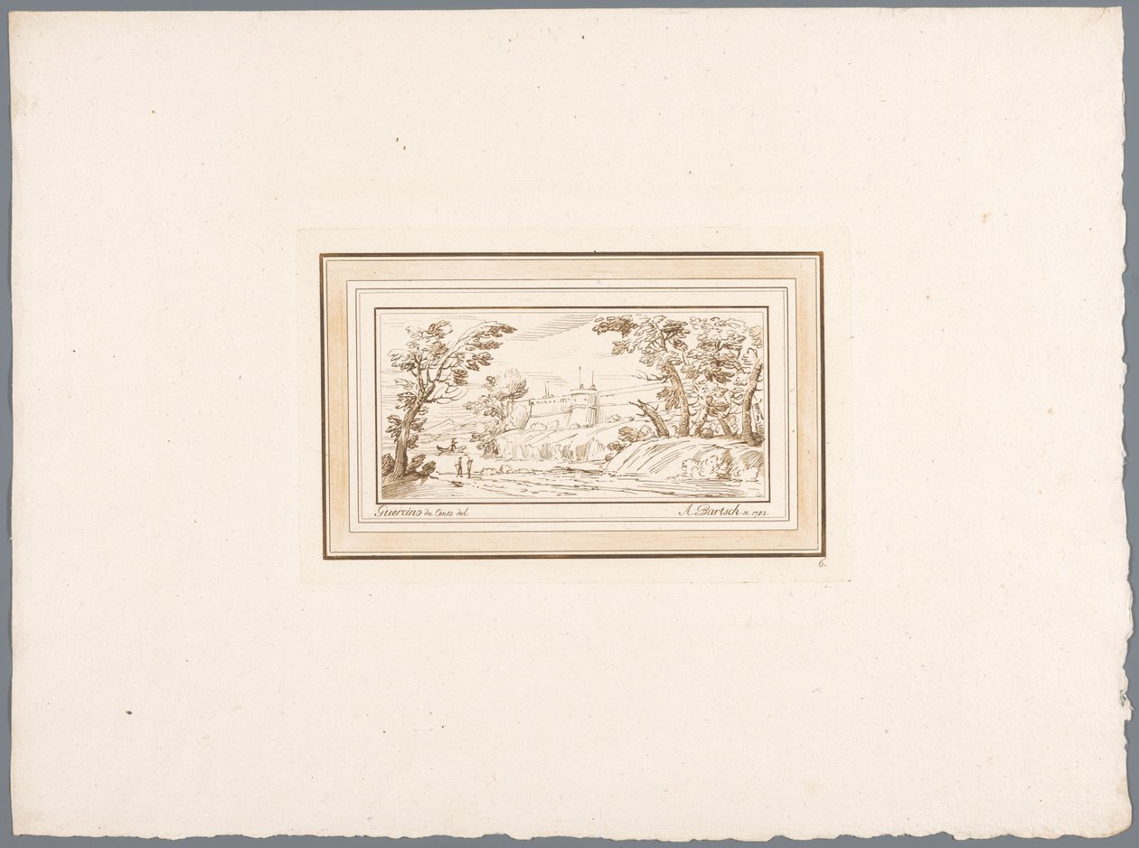 منظر طبيعي للنهر مع جدار قلعة المطبوعات بعد رسومات جويرسينو المحفوظة في Hofbibliothek في فيينا (عنوان السلسلة) Recueil d