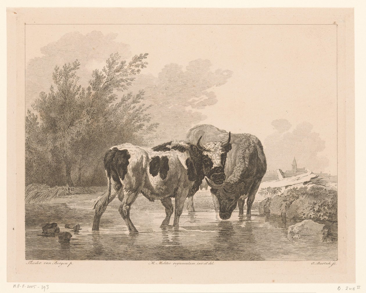 بقرتان في مجرى مائي الحيوانات بعد اللوحات التي رسمها أساتذة هولنديون (عنوان السلسلة) Différens animaux gravés d