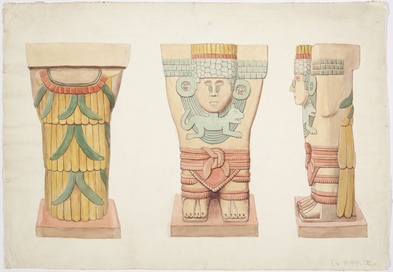 Caryatid II, outer chamber, Upper Temple of the Jaguars (Temple A), Chichen Itza, Mexico (watercolor) بواسطة أديلا بريتون