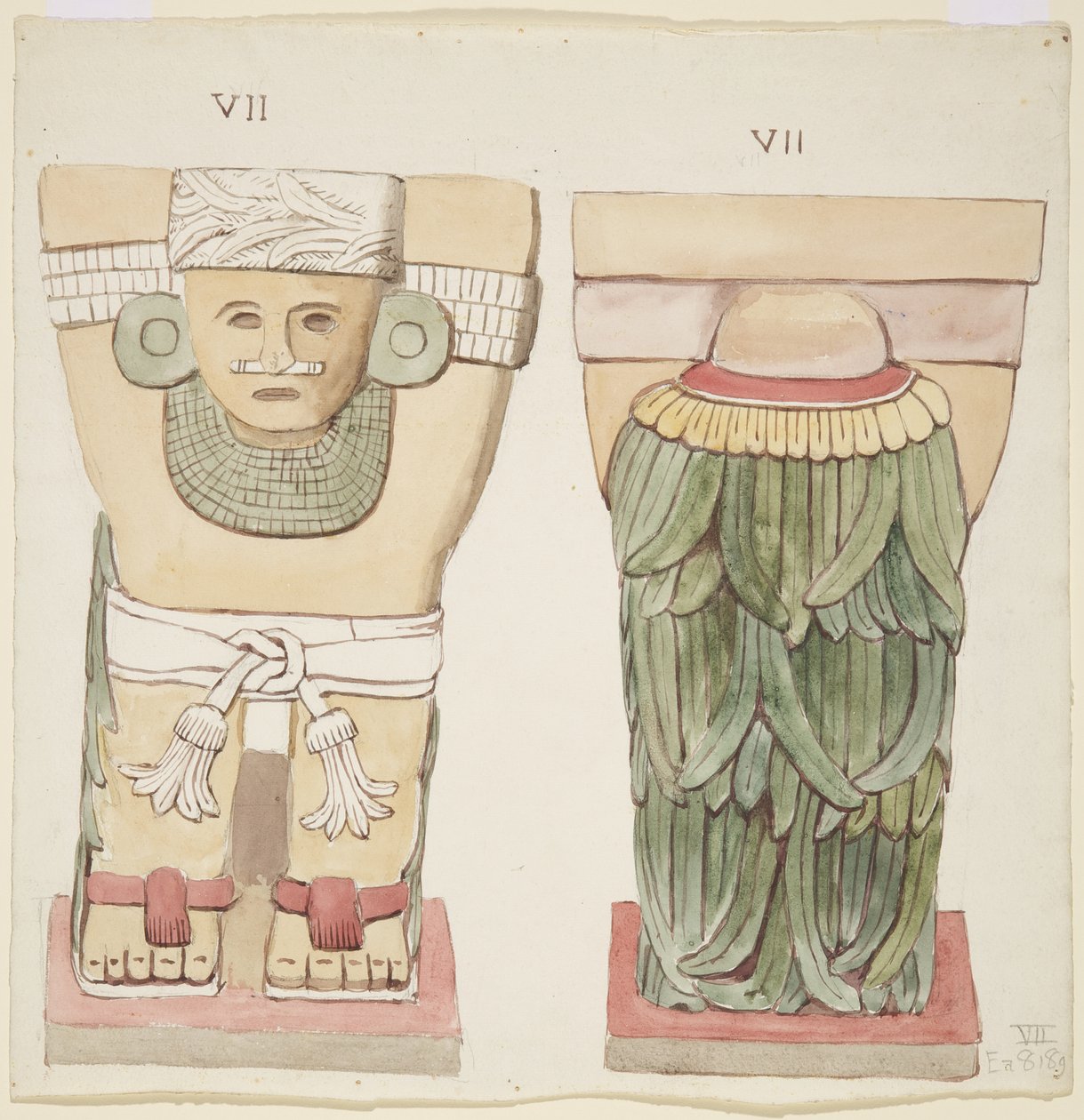 Caryatid from the outer chamber, Temple A, ball court, Chichen Itza, Mexico (watercolor) بواسطة أديلا بريتون