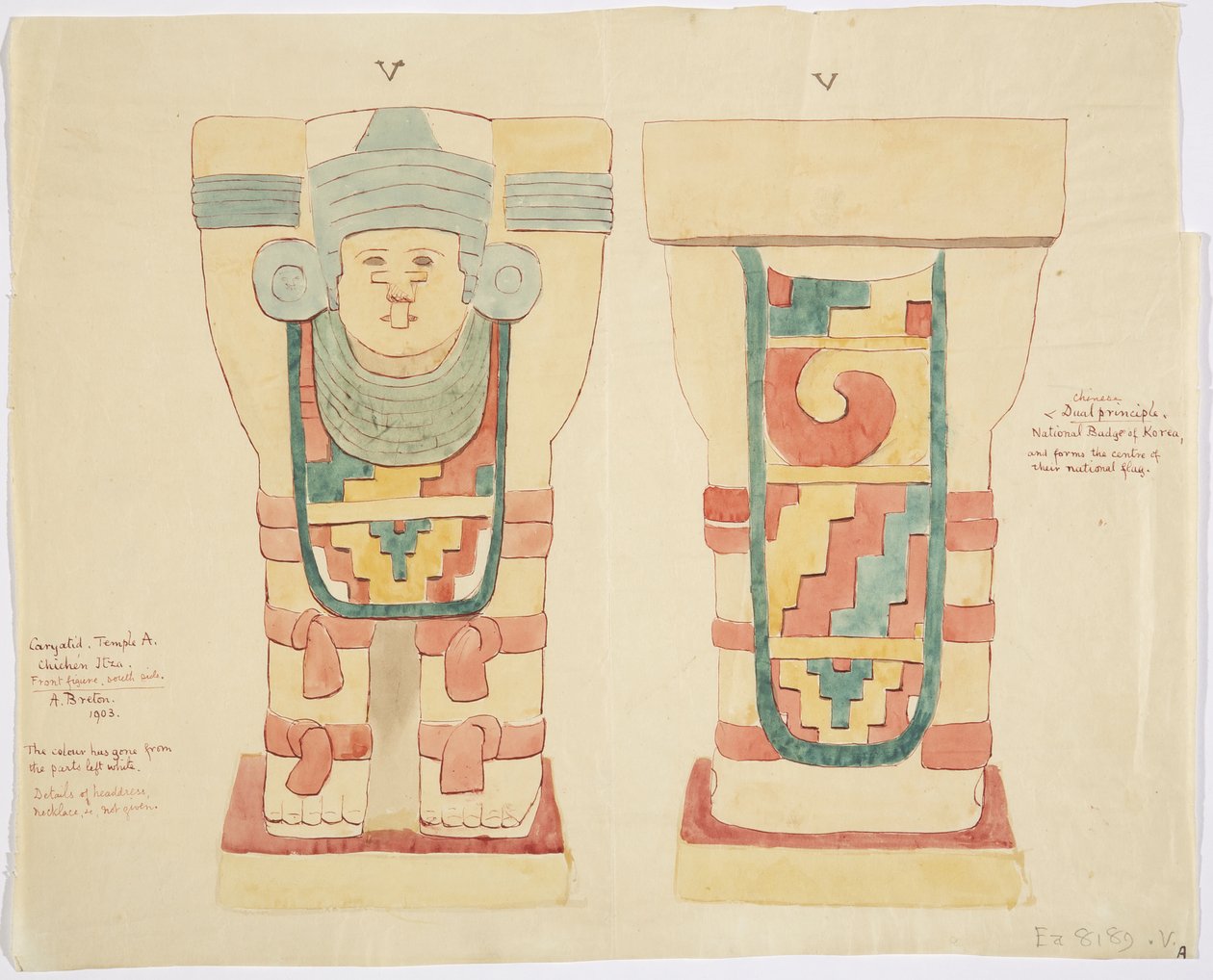 كارياتيد من الغرفة الخارجية ، المعبد العلوي لجاغوار (المعبد أ) ، ملعب الكرة ، تشيتشن إيتزا (ألوان مائية) بواسطة أديلا بريتون