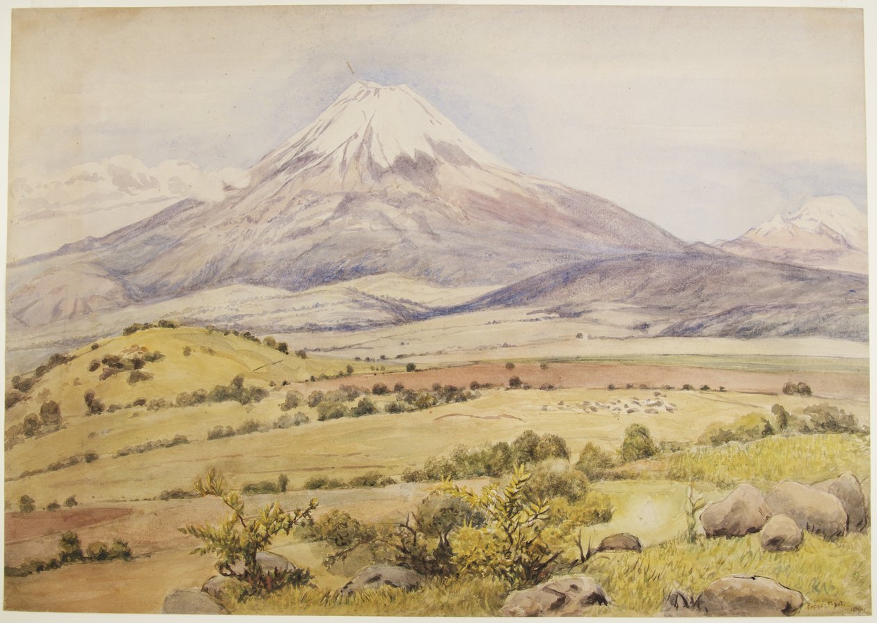 تظهر السحابة في الساعة 10:30 صباحًا Popocatépetl من Atlixco ، بويبلا ، المكسيك (ألوان مائية ولون للجسم) بواسطة أديلا بريتون