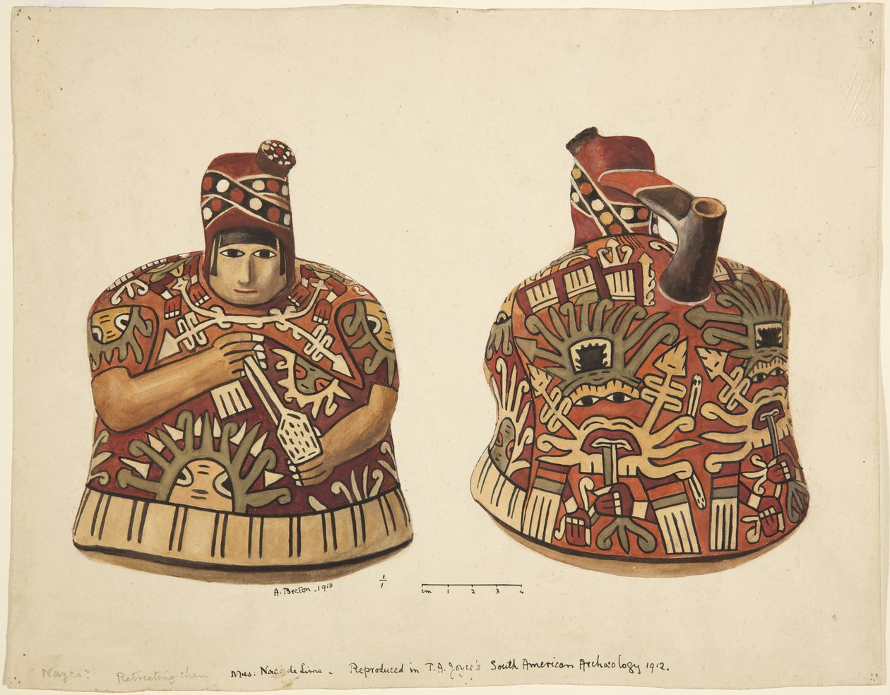 Container with a human figure on one side and a spout behind the head From Nazca, Peru (watercolor) بواسطة أديلا بريتون