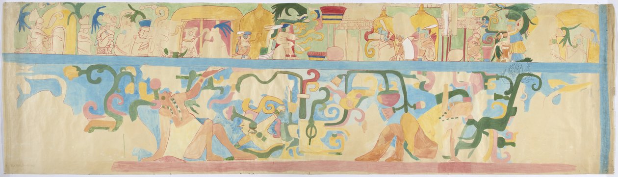 Copy of a mural painting from the south west wall, Upper Temple of the Jaguars, Chichen Itza, Mexico (watercolor & bodycolour) بواسطة أديلا بريتون