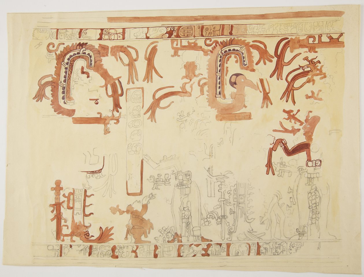 Design from a pot Belize (formerlyBritish Honduras) Design includes human figures and feathered serpents (watercolor) بواسطة أديلا بريتون