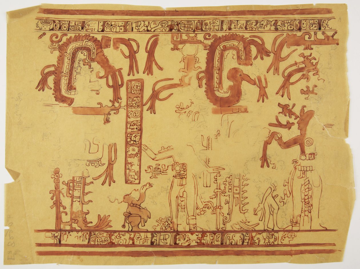 Design from a pot Belize (formerlyBritish Honduras) Design includes human figures and feathered serpents (watercolor) بواسطة أديلا بريتون