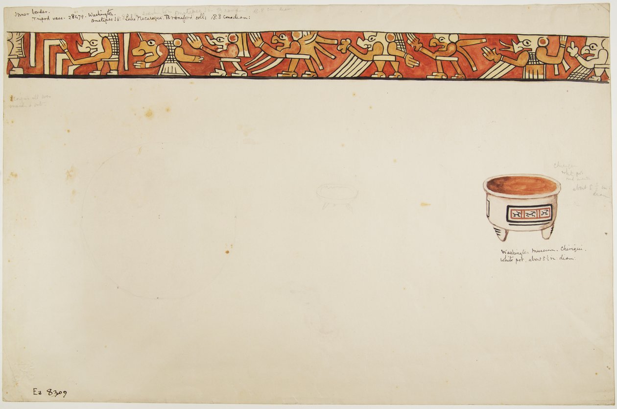 الإطار الداخلي لإناء ثلاثي القوائم (يصور أشكالًا غريبة) وإناء أبيض به تصميمات موجودة في مستطيلات (ألوان مائية) بواسطة أديلا بريتون
