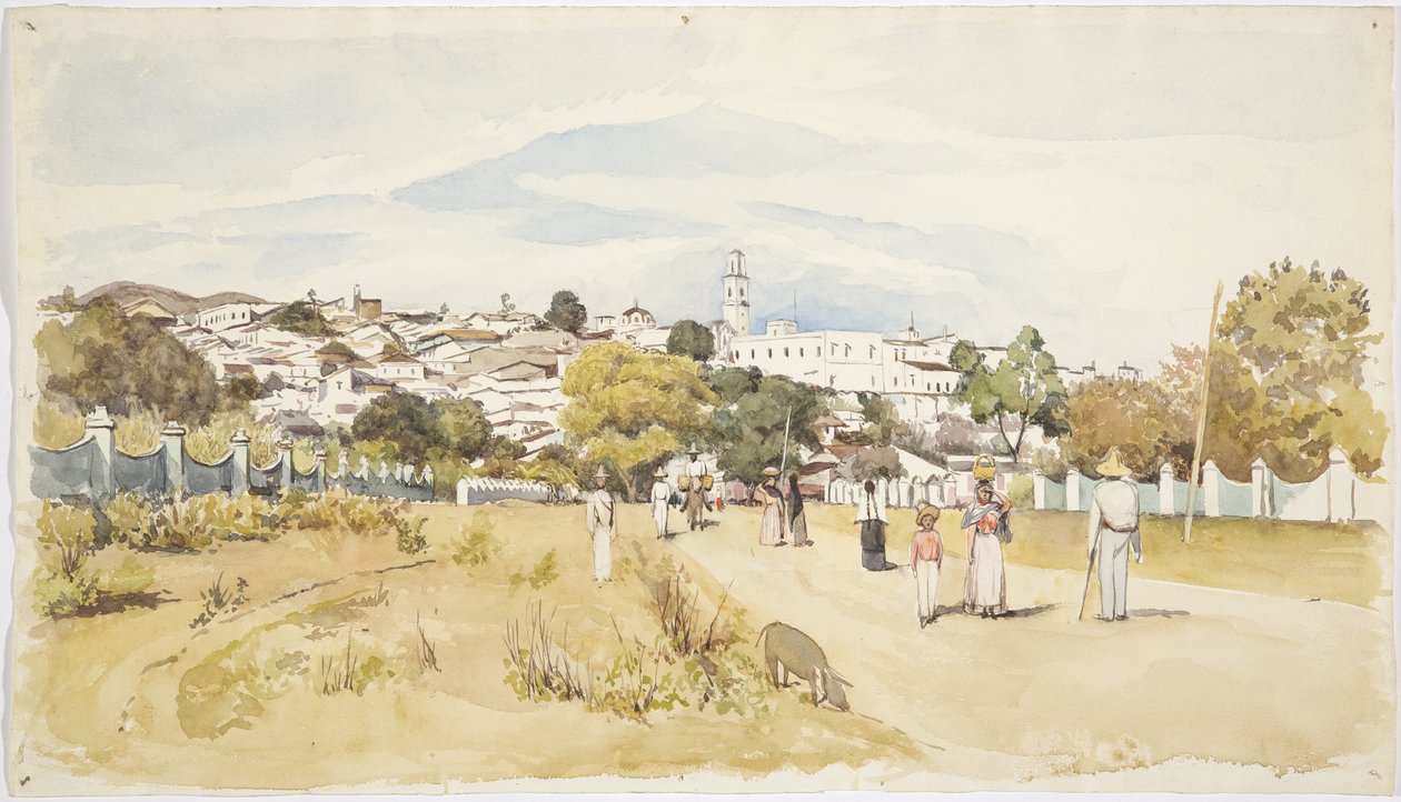 Men, women and children walking along a road with a vilalge in the background, Jalapa (Xalapa) Veracruz, Mexico (watercolor) بواسطة أديلا بريتون