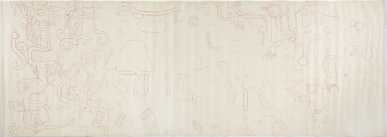 Painting from the north wall, Upper Temple of the Jaguars, Chichen Itza, Mexico Centre section (red ink & graphite) بواسطة أديلا بريتون