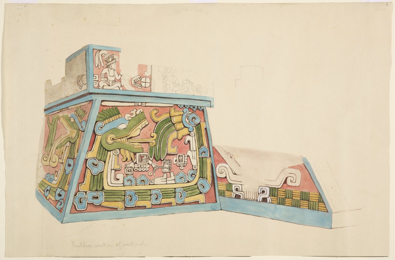 Painting of a stone relief from Xochicalco, Mexico North end of west side of lower terrace Watercolour (watercolor) بواسطة أديلا بريتون