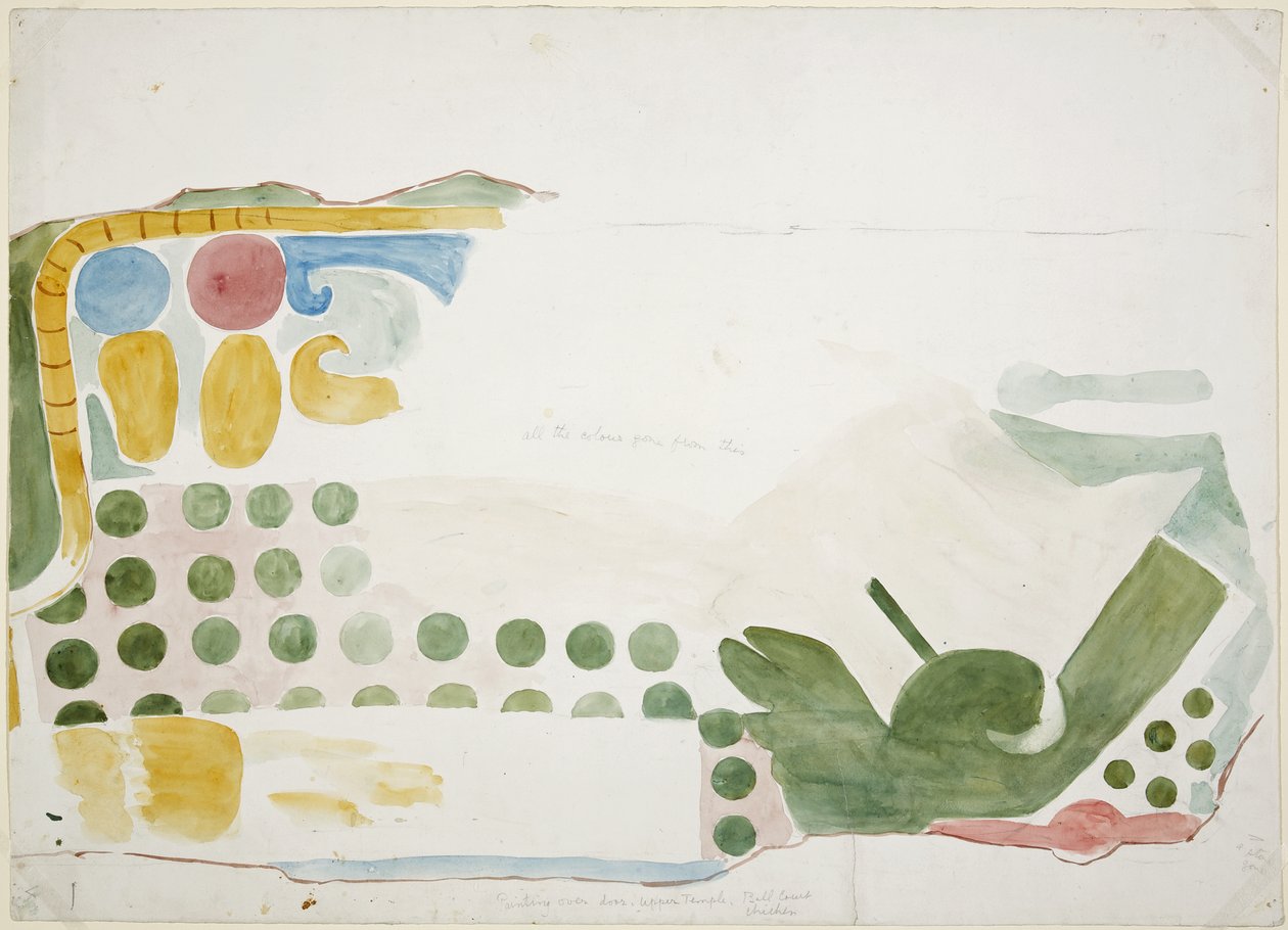 Painting of part of a mural depicting a scene of human sacrifice from above the door of the inner chamber, Upper Temple of the Jaguars, Upper Temple Ball Court, Chichen Itza, Mexico (watercolor) بواسطة أديلا بريتون