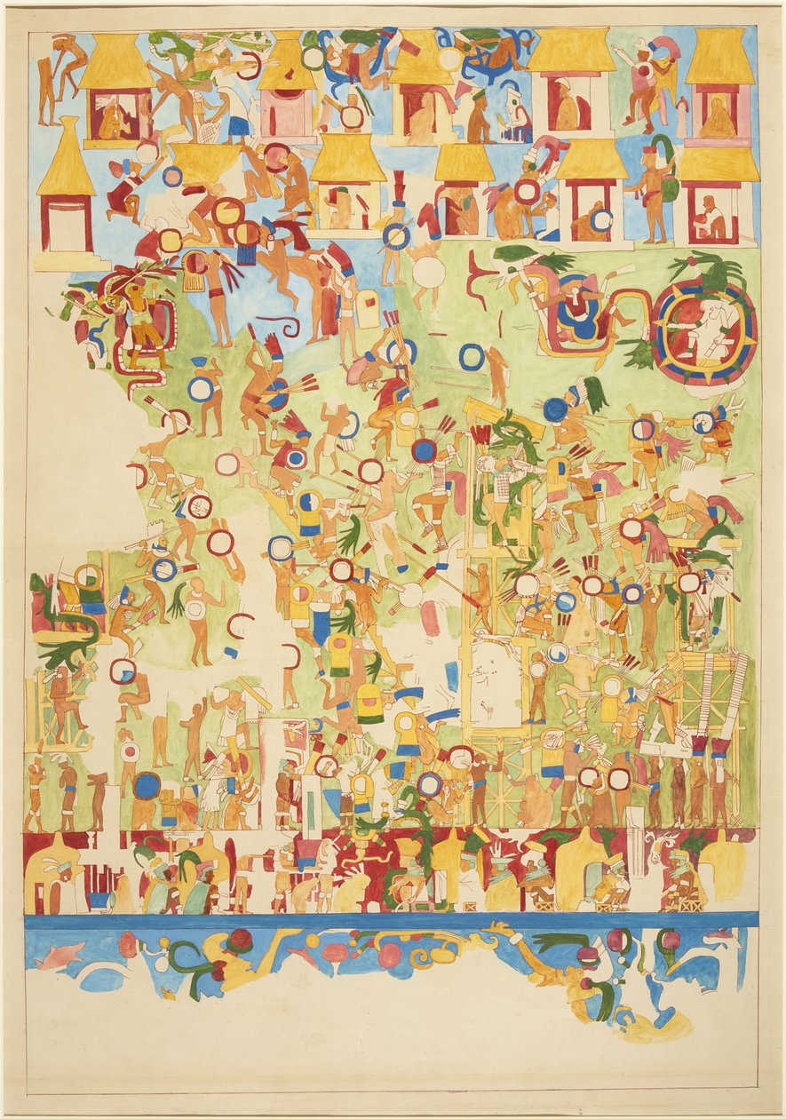 Quarter-scale copy of a wall painting from the south wall of the Upper Temple of the Jaguars, Chichen Itza, Mexico (watercolor) بواسطة أديلا بريتون
