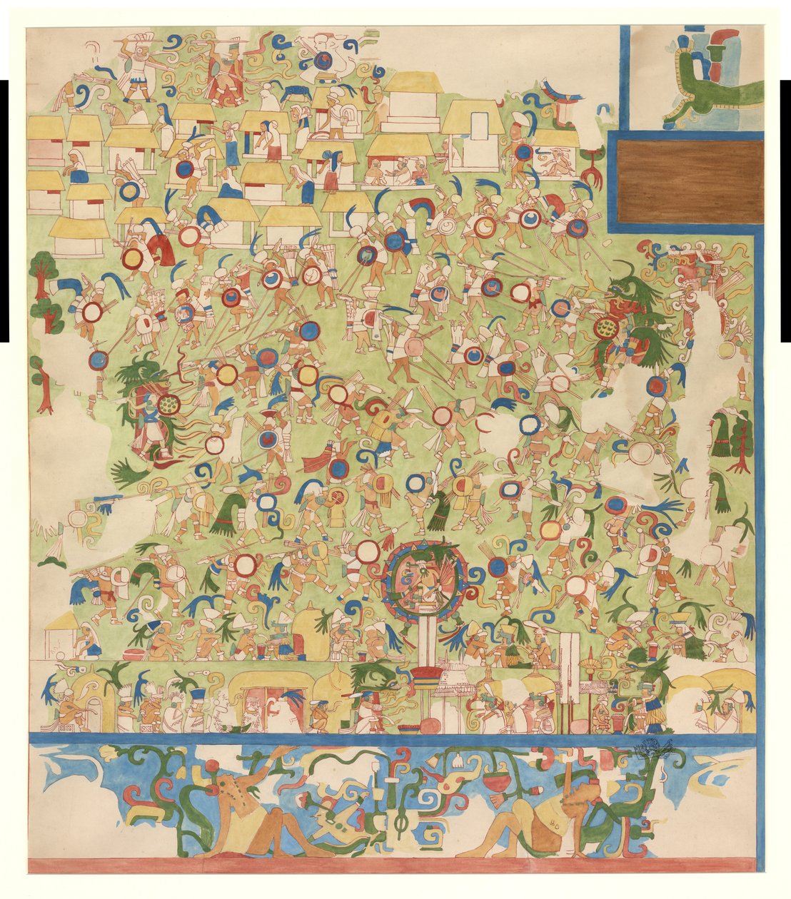 نسخة ربع حجم لرسوم جدارية من الطرف الجنوبي للجدار الغربي ، المعبد العلوي لجاغوار ، تشيتشن إيتزا ، المكسيك (ألوان مائية) بواسطة أديلا بريتون