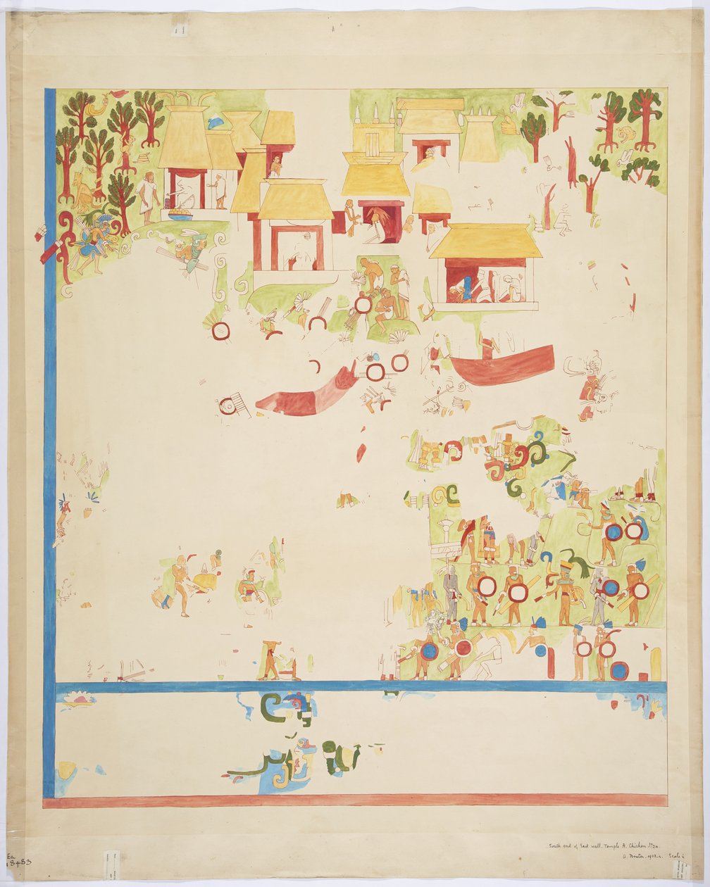 Quarter scale copy of a painting from the south end panel, east wall, inner chamber, Upper Temple of the Jaguars, Great Ball Court, Chichen Itza, Mexico (watercolor, bodycolour & red ink) بواسطة أديلا بريتون