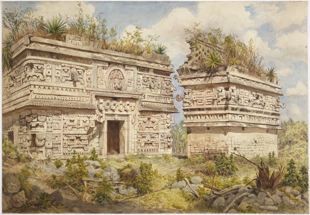 Ruins at Chichen Itza, Yucatan, Mexico Depicts east facade of Building A and Iglesia (watercolor) بواسطة أديلا بريتون