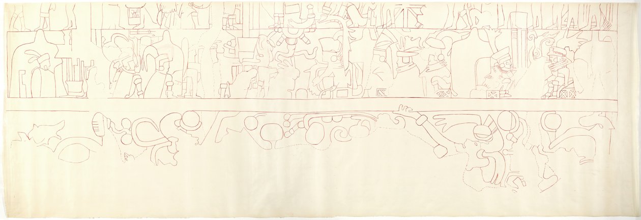 South Wall, Upper Temple of the Jaguars, Chichen Itza, Mexico South quarter (red ink & graphite) بواسطة أديلا بريتون