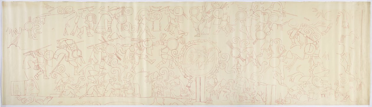 Tracing of a mural from the west wall, Upper temple of the Jaguars, Chichen Itza, Mexico (red ink) بواسطة أديلا بريتون