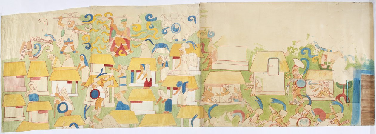 Tracing of a mural painting (in four parts - a,b,c,d) from the south west wall, Upper Temple of the Jaguars, Chichen Itza, Mexico   (watercolor & bodycolour) بواسطة أديلا بريتون