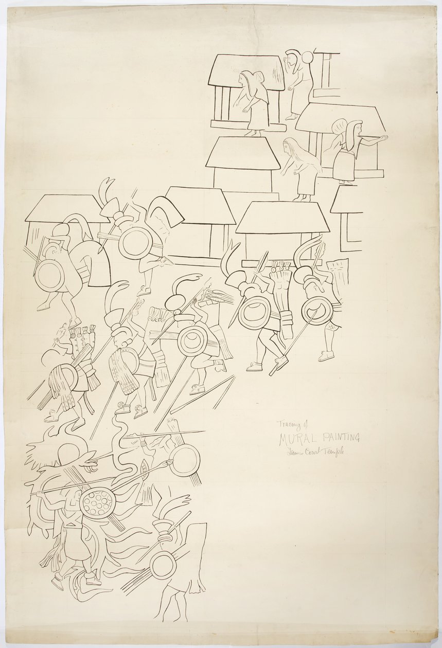 Tracing of a mural painting from the West Wall, Upper Temple of the Jaguars, Chichen Itza, MexicoTracing is inked over (black ink & graphite) بواسطة أديلا بريتون