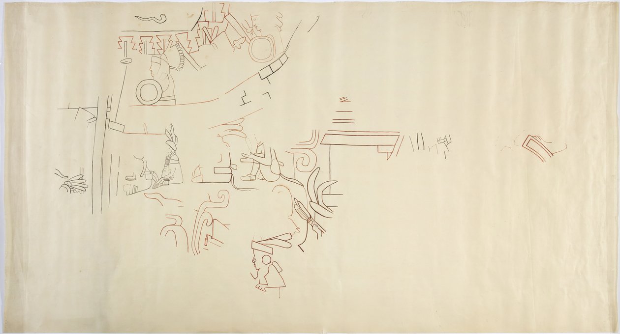 Tracing of a wall painting from Casa de Monjas, Chichen Itza, MexicoVault in large chamber (red, black & brown ink & graphite) بواسطة أديلا بريتون