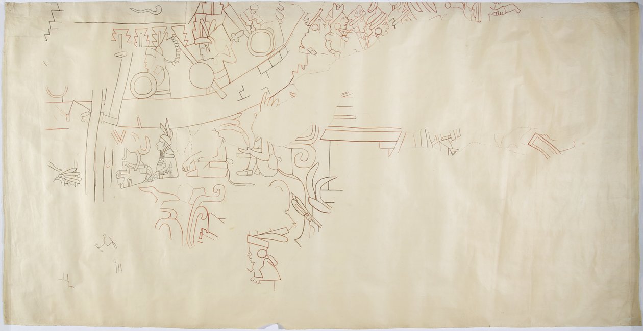 Tracing of a wall painting from Casa de Monjas, Chichen Itza, MexicoVault in large chamber (red, black & brown ink & graphite) بواسطة أديلا بريتون