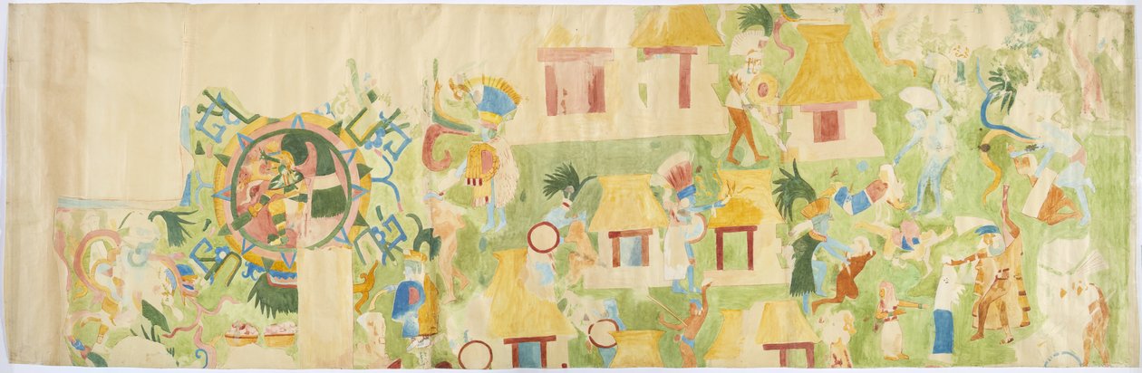 Tracing of a wall painting from north end of west wall, Upper Temple of the Jaguars, Chichen Itza, Mexico  (watercolor & bodycolour) بواسطة أديلا بريتون