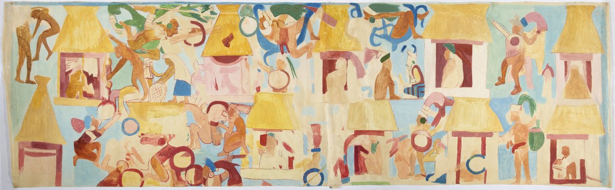 Tracing of a wall painting from south wall, inner chamber, Upper Temple of the Jaguars,Great Ball Court at Chichen Itza, Mexico (watercolor & bodycolour) بواسطة أديلا بريتون