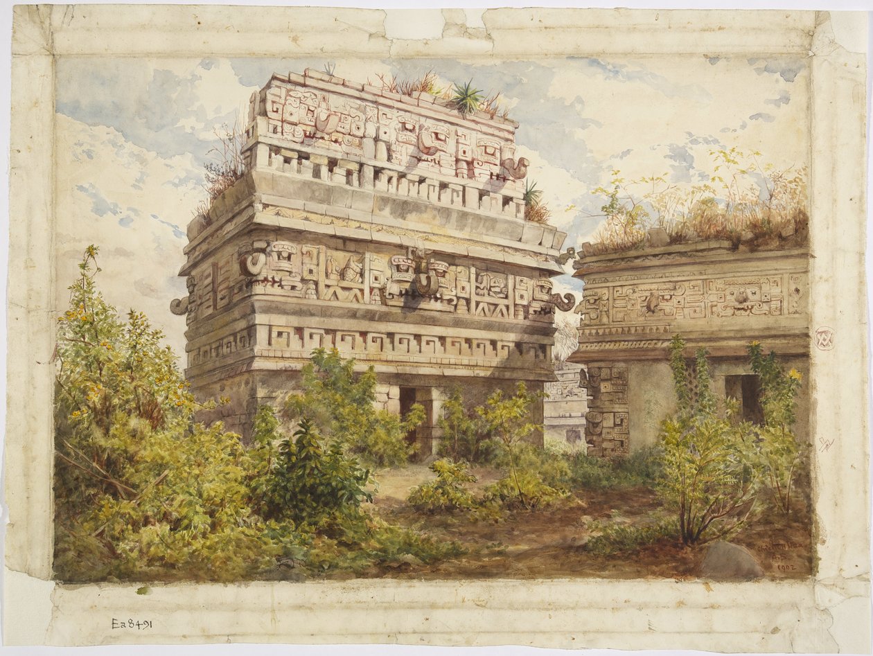 Uins from Chichen Itza, Yucatan, Mexico Depicts west facade of the Iglesia (watercolor) بواسطة أديلا بريتون