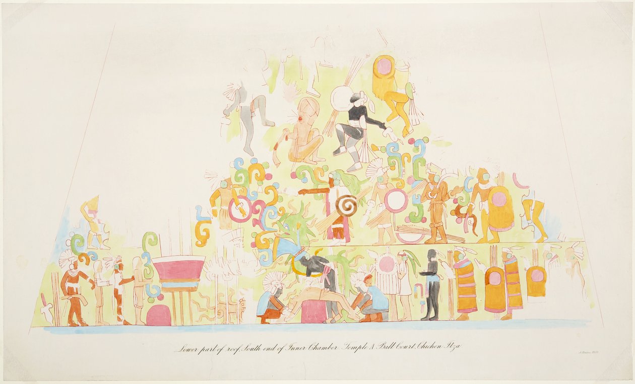 Wall painting from the lower part of the roof, south end of the inner chamber, Temple A, Chichen Itza, Mexico (watercolor) بواسطة أديلا بريتون