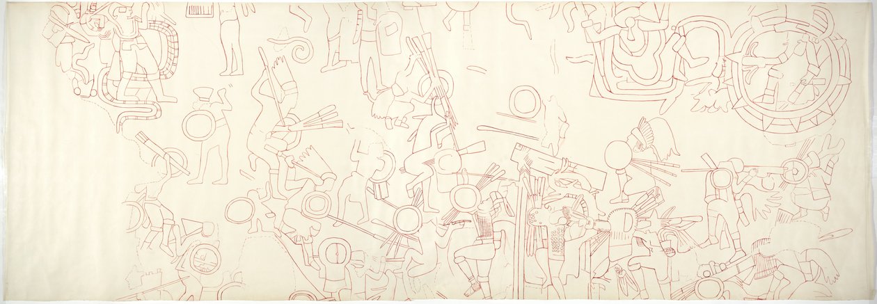 south wall, Upper Temple of the Jaguars, Chichen Itza, Mexico North central quarter (red ink & graphite) بواسطة أديلا بريتون