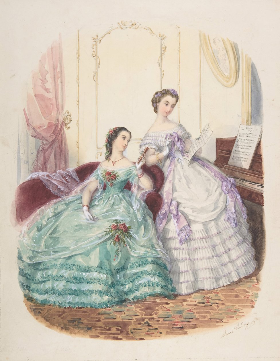 دراسة الموضة: امرأتان في فستان سهرة ، كاليفورنيا. 1860. بواسطة Adèle Anaïs Colin